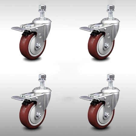 Service Caster 4 Inch SS Maroon Polyurethane 12mm Threaded Stem Caster Set Total Lock Brake SCC-SSTSTTL20S414-PPUB-MRN-M1215-4
